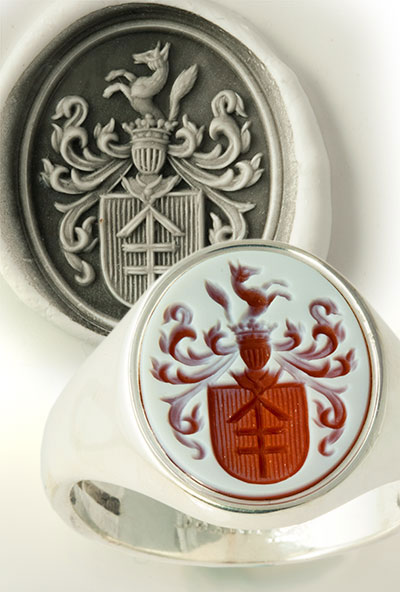 Red Sardonyx Gold Signet Ring Engraved with a Custom Bespoke Arms