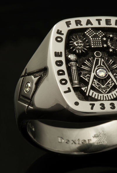 Masonic Ring with Small Diamonds as part of the engraving on face and shoulders