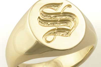 Monogram Single Letter S Old English On a Gold Classic Oval Signet Ring