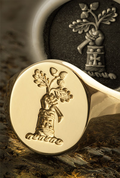 Signet Ring With Crest Arm Hand Holding Oak