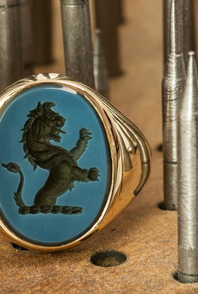 Blue Sardonyx Custom Bespoke Signet Ring Seal Engraved With Demi Lion Rampant Heraldic Crest