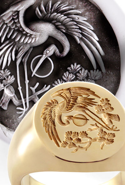Chinese Crane Signet Ring Engraved from a Traditional Design