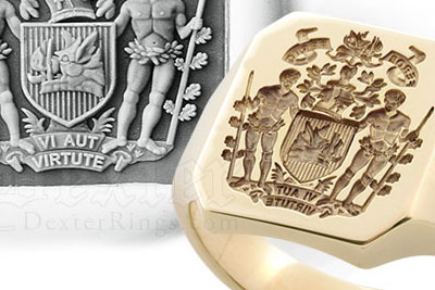 Octagonal Signet Ring with Bespoke Heraldic Coat of Arms with Supporters