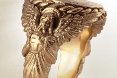 Bespoke Ornate Shouldered Sculptural Ring Carved with an Angel