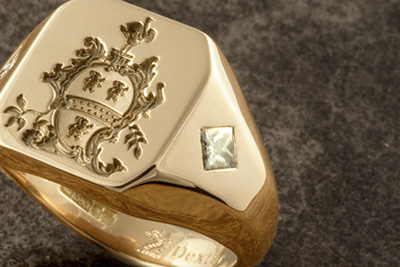 Custom Bespoke Signet Ring Engraved with Ornate Heraldic Shield & Princess Cut Diamonds