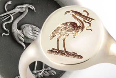 Traditional Crest of Heron Holding Snake Seal Engraved onto a Signet Ring