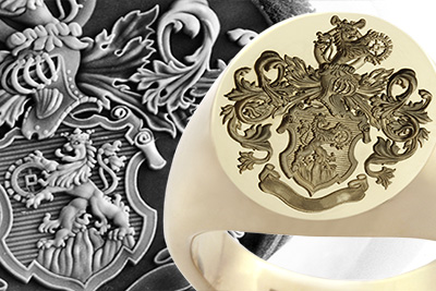 Highly ornate Custom Bespoke coat of arms and crest seal ring