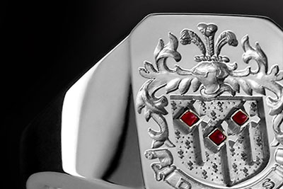 Rubies as Part of the Heraldry Compliment This Dennis Coat of Arms Ring