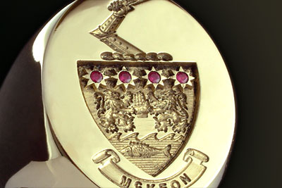 Rubies as Part of the Heraldry Compliment This McKeown Shield Ring