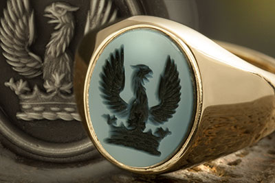 Blue Sardonyx Stone Set Signet Ring Demi Eagle Displayed out of a Ducal Coronet