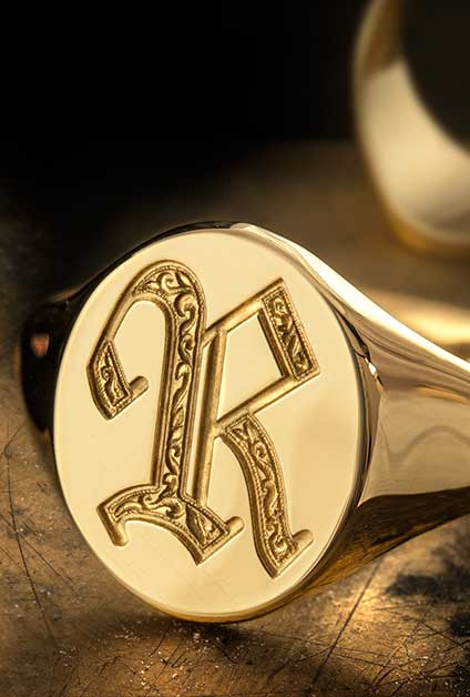 Letter R Signet Ring Shown Deep Seal & Show Engraved