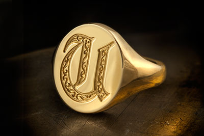 Letter U Deep Engraved Initial Alphabet Signet Ring