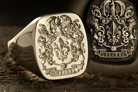 Ornate Custom Coat of Arms White Gold Signet Ring