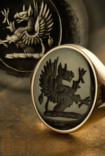 Black Onyx Stoneset Demi Griffin Crest Signet Ring