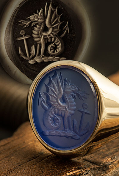 Blue Agate Griffin Anchor Crest Signet Ring