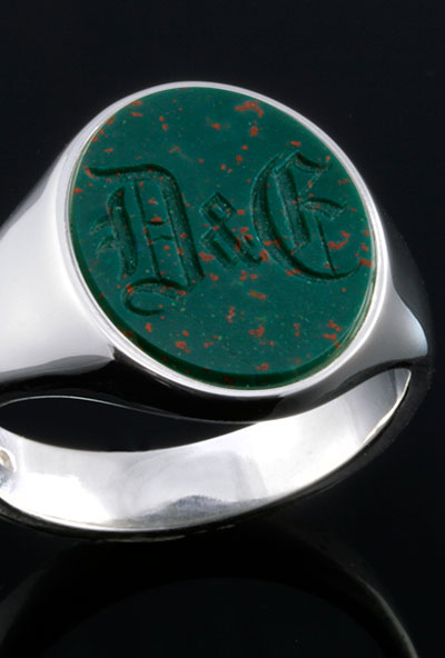 Bloodstone Gemstone Signet Ring Engraved with Old English Monogram