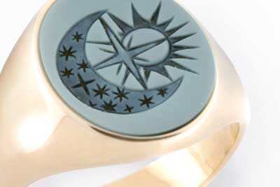 Star Sun & Moon design Engraved Sardonyx Gemstone Gold Signet Ring