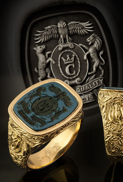 Sculptural Signet Ring Blue Sardonyx Gemstone Ornate Arms With Heraldic Supporters