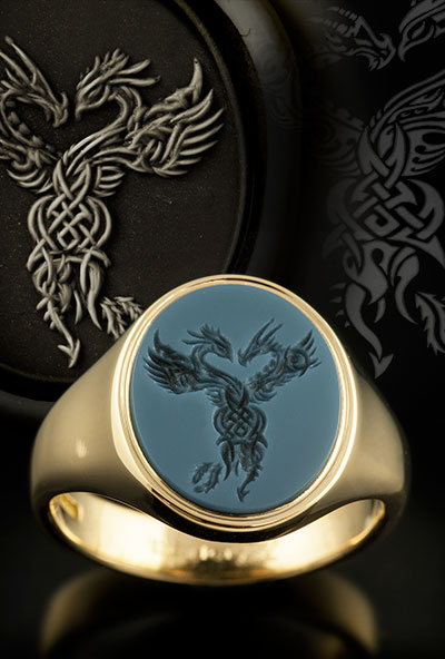Tattoo Inspired Entwined Celtic Beasts Sardonyx Gemstone Gold Signet Ring