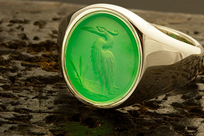 crystaphase signet ring engraved with heron