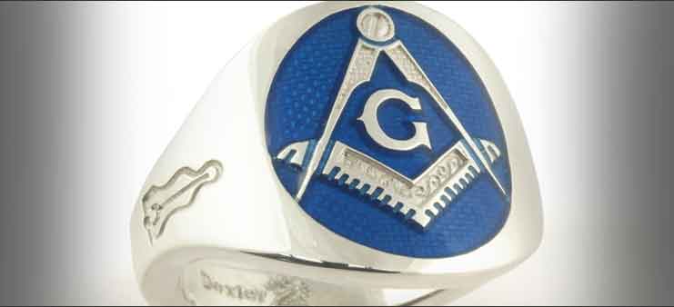 White Gold Cigar Band Masonic Ring with Blue Enamelled Face