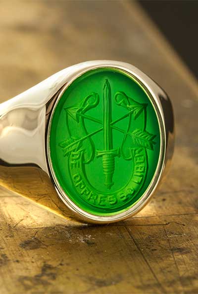 United States Army Special Forces military insignia engraved in green agate