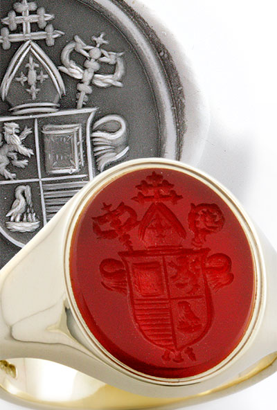 Bishops Seal Engraved on a Cornelian Gemstone Gold Signet Ring