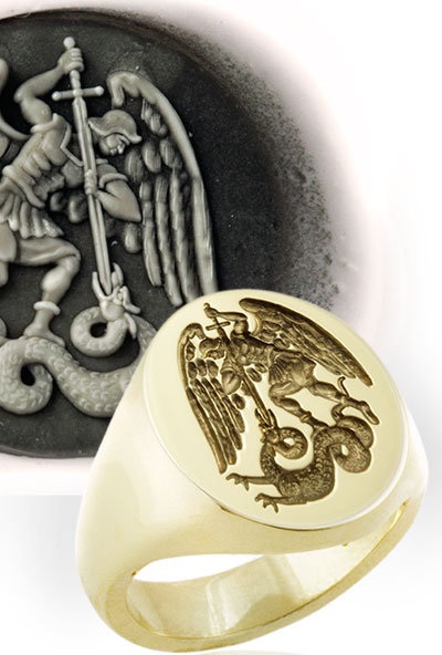 Gold Signet Ring Engraved With Medieval Saint Michael slaying the serpant / devil / dragon