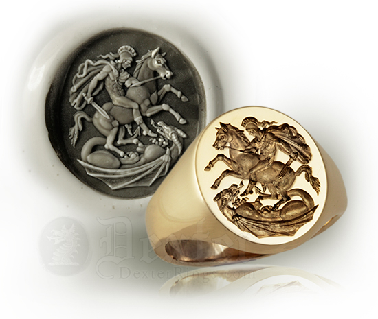 St. George Slaying Dragon Signet Ring - Replica of the 18c Greek Style original by Benedetto Pistrucci