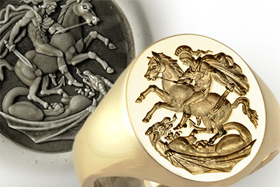 St. George Slaying Dragon Ring - Replica of the 18c Greek Style original by Benedetto Pistrucci