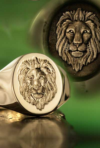 Signet Engraved with Lion Face Portrait