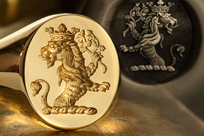 Signet Ring Engraved With Demi Lion Regardant Holding an Oak Branch Crest