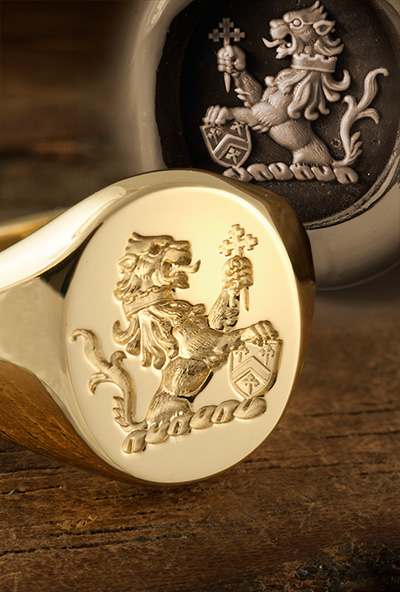 Demi Lion Rampant Collared Escutcheon Cross Corosslet Crest Ring