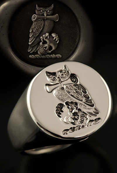 Owl Skull Scroll Crest Signet Ring