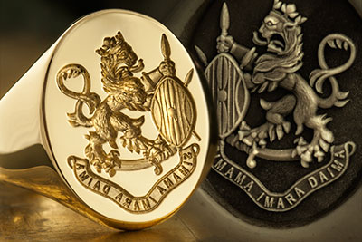 Signet ring engraved with lion & tribal shield crest