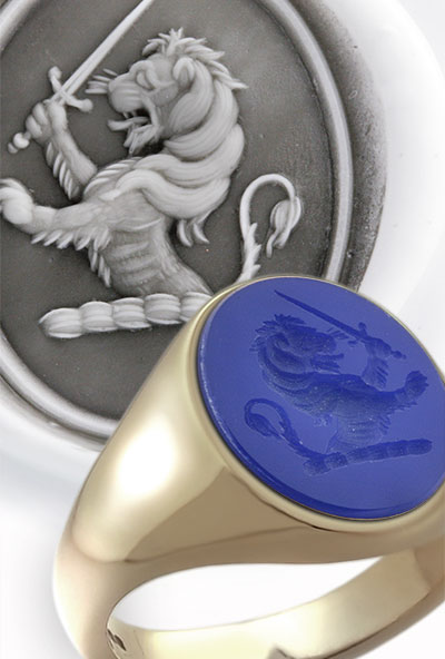 Blue Agate Gemstone & Gold Signet Ring Engraved with Heraldic Lion Rampant Crest