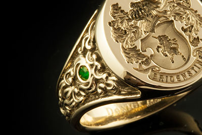 Custom Bespoke Signet Ring With Emerald Set Ornate Shoulder