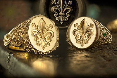 Sculptural Signet Rings Engraved with fleur-de-lis