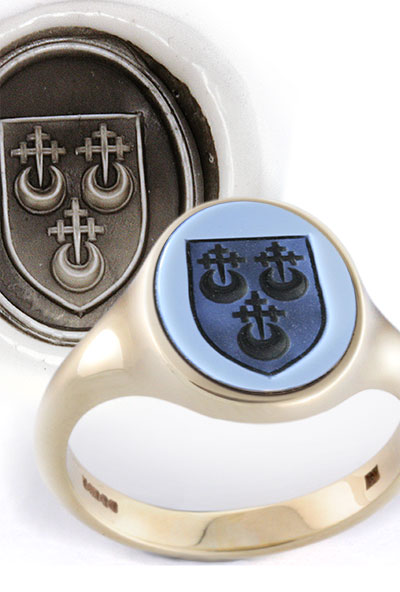Blue Sardonyx Gemstone & Yellow Gold Signet Ring Engraved with Heraldic Shield with Crescent Charges