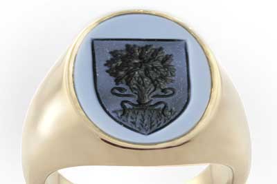 Blue Sardonyx Gemstone Yellow Gold Signet Ring Engraved with Heraldic Shield