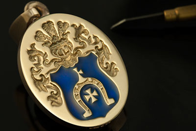 Custom Bespoke Coat of arms gold pendant with blue enamel
