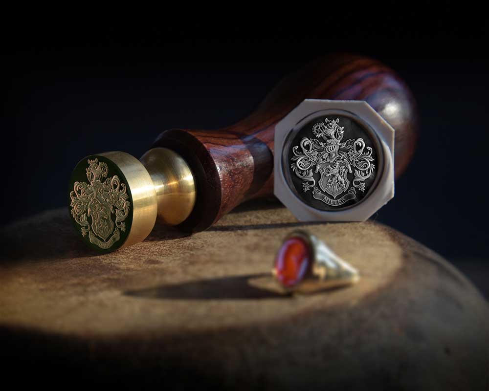 Desk Seal Engraved with Ornate Miller Heraldic Coat of Arms