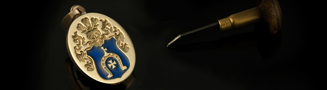 Heraldically Engraved Gold Pendant With Enamelled Blue Heraldic Shield