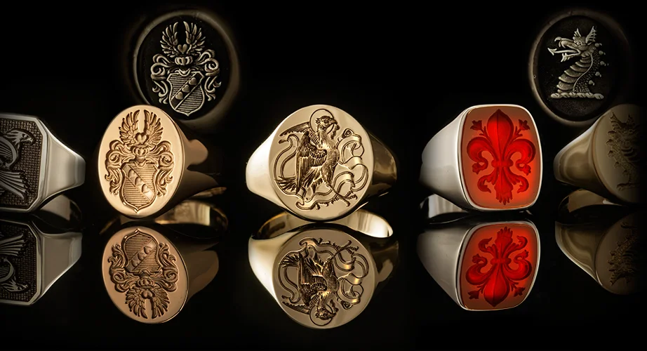 Selection of signet rings with custom deep engravings by Dexter