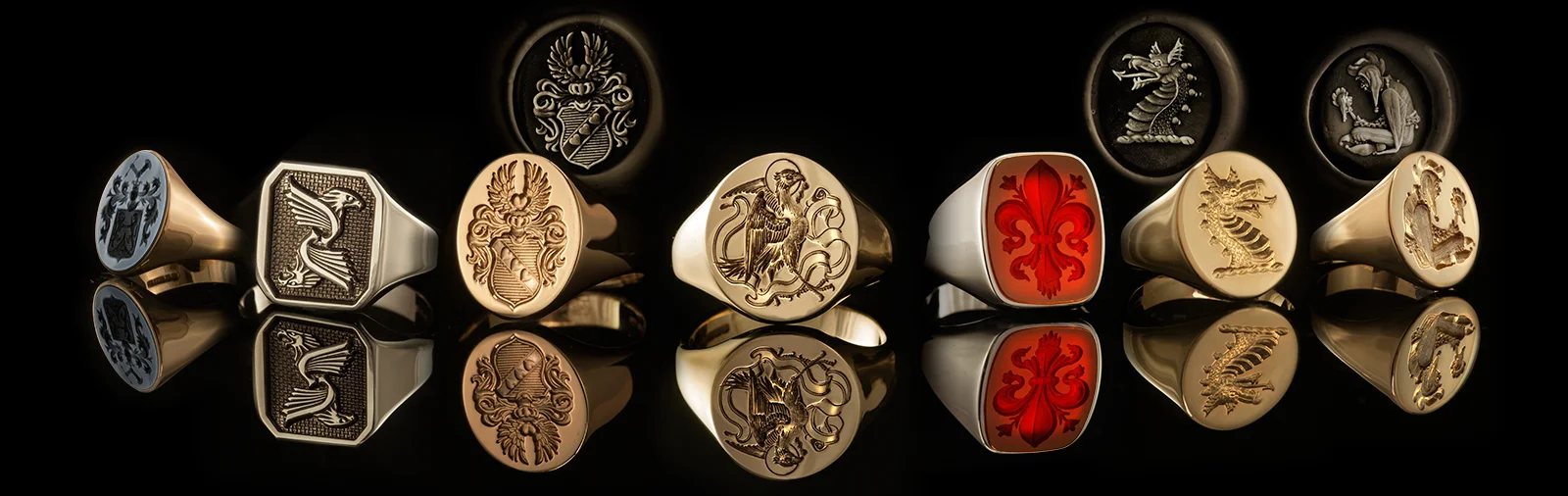 Selection of signet rings with custom deep engravings by Dexter
