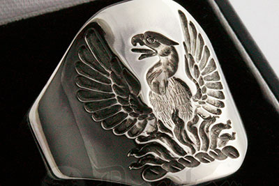 Phoenix Engraved Cushion Cigar Band Signet Ring