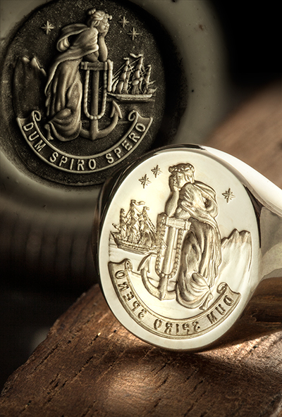 Signet ring engraved with woman looking out to sea DUM SPIRO, SPERO