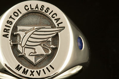 Aristoi Music School Signet Ring Personalised with Sapphire Diamond Motto & Date