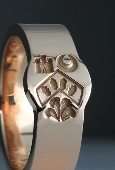 Wedding Band One of our Mini Cigar Bands with Engraving from Heraldic Shield