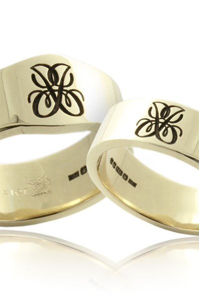 Mini Cigar Band & Plain Wedding Band Engraved with a Cipher of the Couples Initials